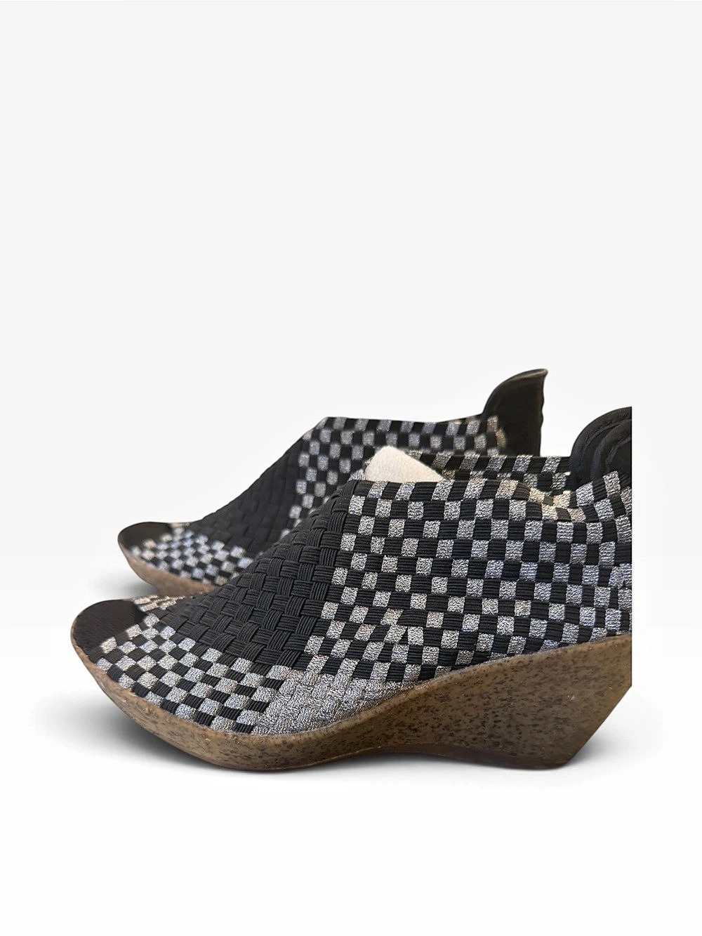 Bernie Mev. Sabrina Black SilverCheckered Wedge Memory Foam Shoes US 5.5 /6 New